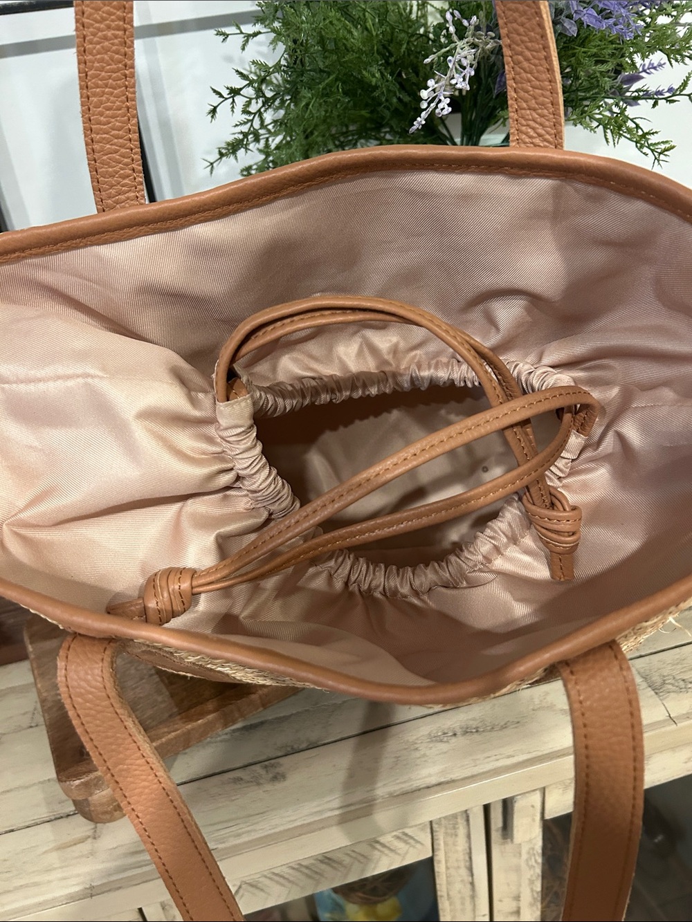 Woven Rattan Tote with Brown Trim - Picture 4 of 7